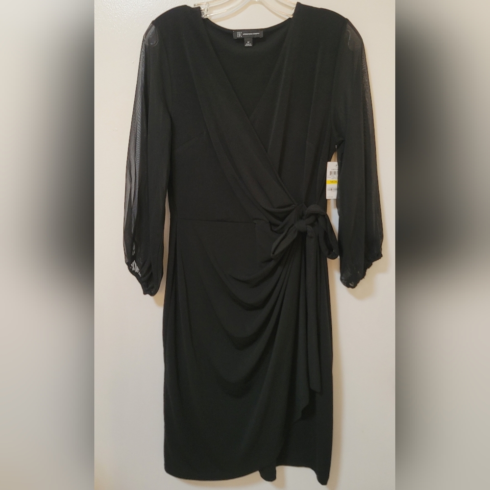 INC International Concepts Black V-neck Sheer Puff Sleeve Faux Wrap Dress Medium